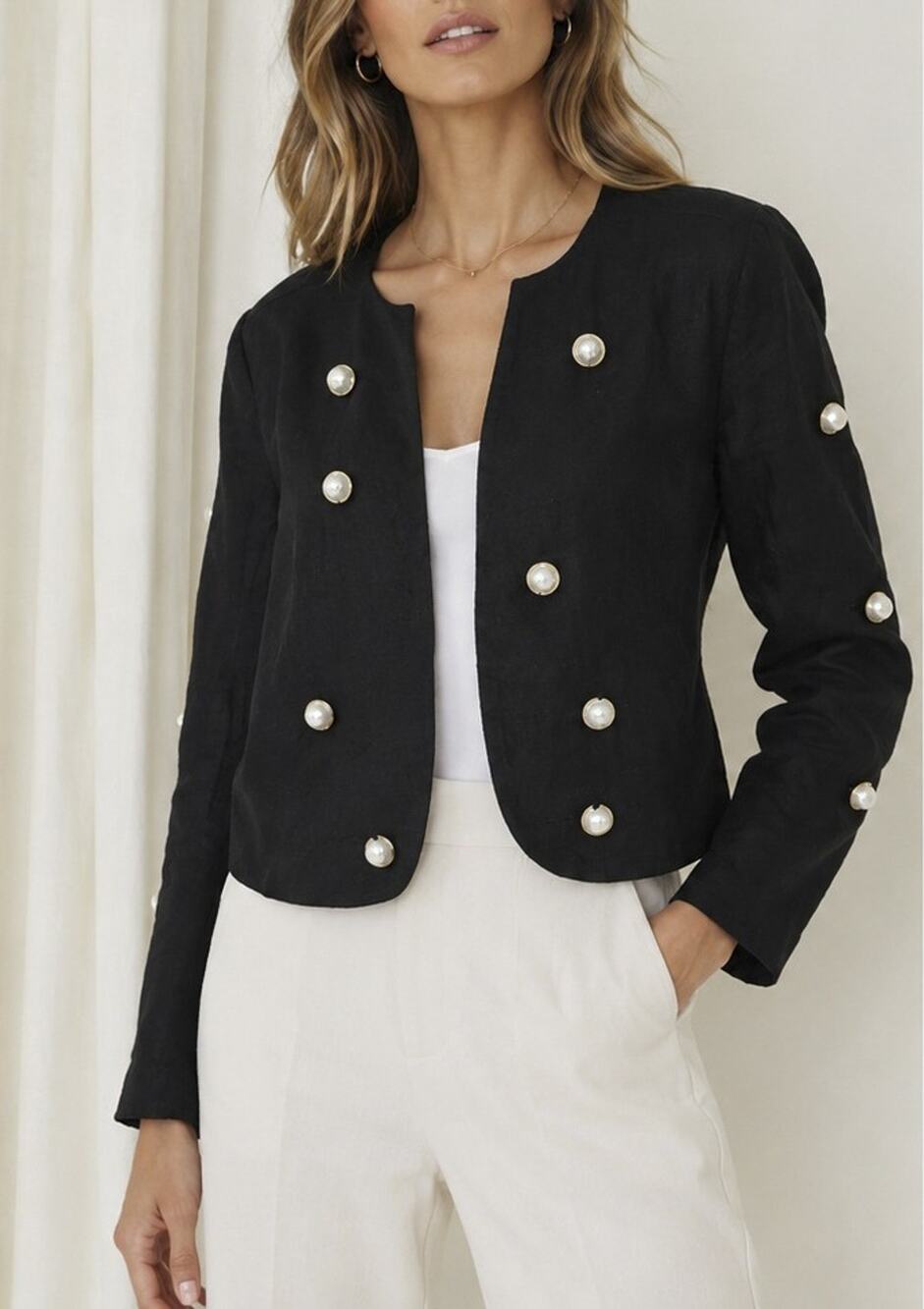 Karina Grimaldi Black Linen Pearl Embellished Cropped Jacket Blazer XS NWT